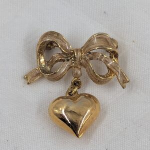 Gold Tone And Enamel Bow And Heart Dangle Brooch Pin